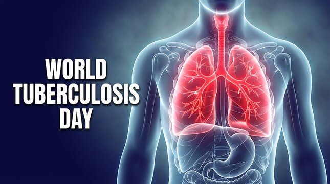 World tuberculosis day awareness graphic featuring illustration of human lungs lungs highlighted red within chest cavity body outline text read world tuberculosis day