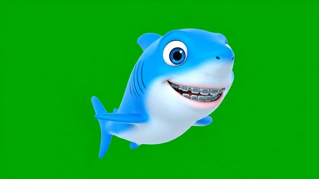 Cute blue shark swimming and smiling funny 3D animation green screen