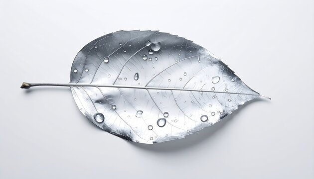 Silver Leaf with Water Drops on White Background in Minimalist Style,surreal concept