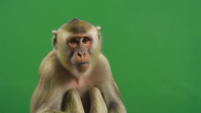 Studio Greenscreen monkey chromakey green background isolated primate wildlife animal realistic fur tail portrait playful character render digital footage for editing compositing overlay template