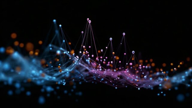 Dynamic Visualization of Abstract Data Points and Connections in an Ethereal Wave Pattern with Vibrant Colors and Flowing Lines Presenting Information Interactively