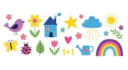 Whimsical Crayon-Style Spring Elements: Bird, House, Flowers, Sun, Cloud, Rainbow © Ervan