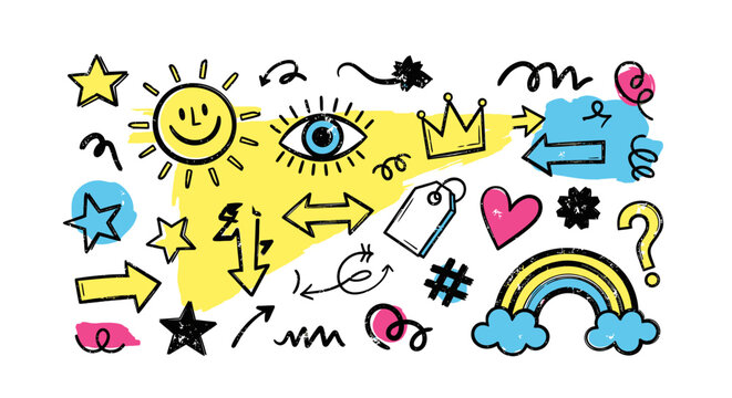 Set of whimsical hand-drawn doodle icons and symbols, vector illustration on white background