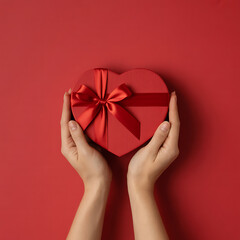 Woman holding heart shaped gift box with red ribbon on red