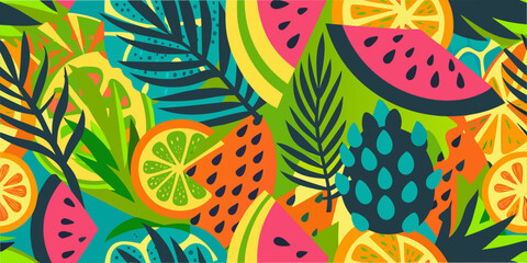 Vibrant tropical fruit and leaf pattern with bold colorful shapes
