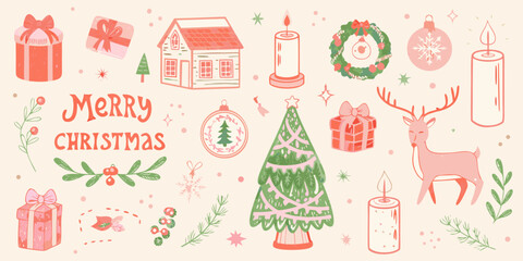 Festive christmas illustrations with gifts trees and holiday decorations
