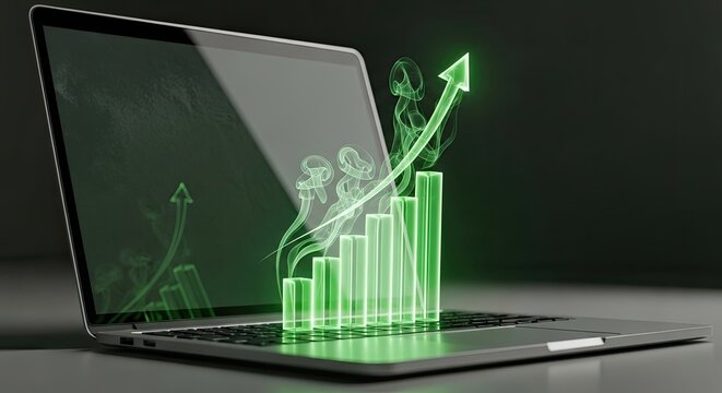 Laptop Displaying Green Bar Chart and Upward Arrow Representing Business Growth and Financial Success.