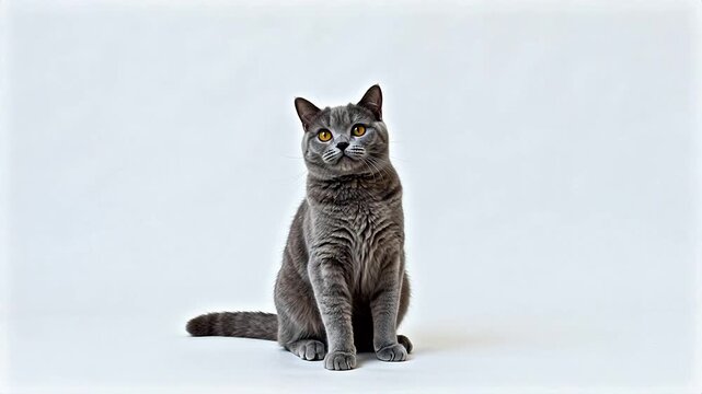Gray cat with raised paw on white background