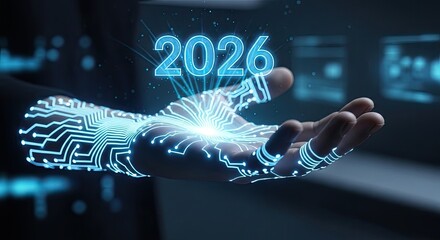Obraz premium Digital Hand with Circuitry and 2026 Text Representing Future Technology.