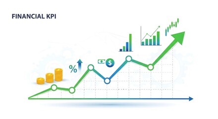 Financial KPI performance indicator with upward trends, percentage increase, and currency symbols on a white background.