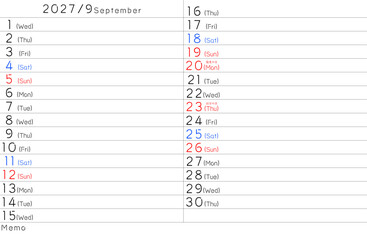 2027年シンプルカレンター　9月　曜日英語