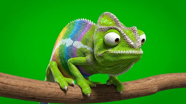 Green chameleon on branch looking around 3D animation green screen