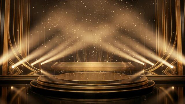 Luxury Gold Stage Background with Spotlights and Floating Golden Particles for Award Ceremony or Gala Event Presentation in Dark Setting