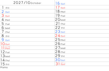 2027年シンプルカレンター　10月　曜日英語