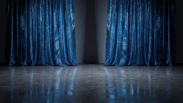 Sparkly Dark Blue Sequin Curtains Opening On Empty Dark Theater Stage With Reflective Floor And Moody Studio Lighting For Performance Intro