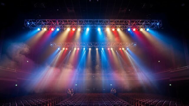 Stage Lights with Beams in Empty Theater Auditorium Showing Red Blue and Yellow Spotlights Shining on Smoke Haze Over Dark Seating Area