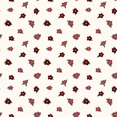 Cute seamless floral pattern with small scattered red and pink flowers on a soft neutral background. Simple, charming design perfect for fabric, wallpaper, wrapping paper, and surface decor.