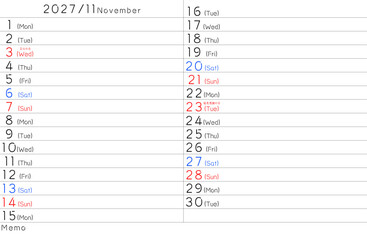 2027年シンプルカレンター　11月　曜日英語