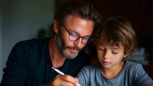A thoughtful moment between a father and son, sharing knowledge and creativity while drawing and learning together in a cozy and warm environment.