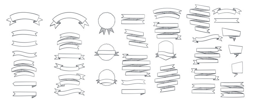 Ribbon Banners. Set of hand drawn ribbons banners with label, tag and quality badges. Vector illustration
