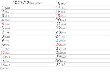 2027年シンプルカレンター　12月　曜日英語