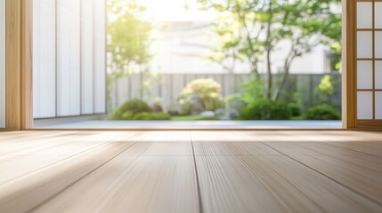 Fototapeta premium engawa. Traditional Japanese wooden veranda reflecting soft morning light. real-estate listings, architecture portfolios, designed for interior renovation comparisons for interiors.
