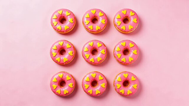 Pink donuts with yellow hearts on pink background