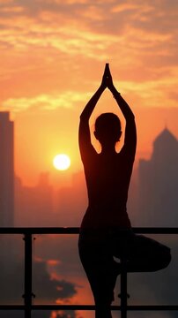 Silhouette of a woman practicing yoga in tree pose on a balcony at sunrise. Calm morning, city skyline, peaceful orange sky. Wellness, meditation, mindfulness, and relaxation concept