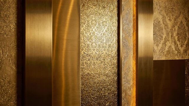 Luxurious Golden Vertical Panels With Intricate Damask Patterns And Brushed Metal Texture Illuminated By Warm Ambient Light