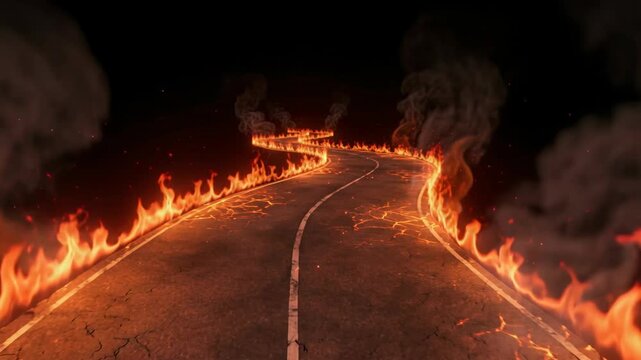 Surreal cracked asphalt highway engulfed in bright orange flames and smoke leading into darkness with glowing lava cracks on road surface