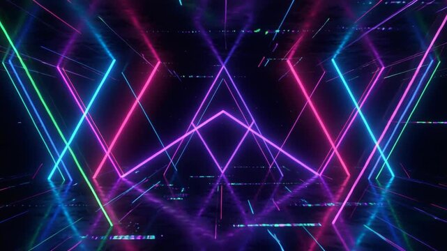 Vibrant Neon Geometric Tunnel With Glowing Magenta Cyan And Green Lines And Retro Digital Glitch Effects In A Dark Infinite Space
