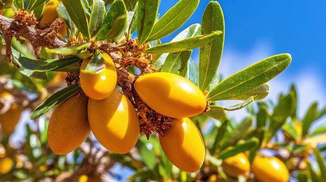 argan. Argan tree branches with thorny leaves and olive-like fruits under bright sun. gardening catalogs, home-decor guides, designed for home decor and floral branding, used by ux designers.