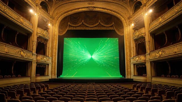 Grand ornate theater interior with gold architectural details empty rows of seats and brightly lit digital stage screen display showing