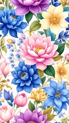 A vibrant, digitally rendered floral pattern. Blooming flowers in various colors (pink, blue, yellow, and purple) against a white backdrop