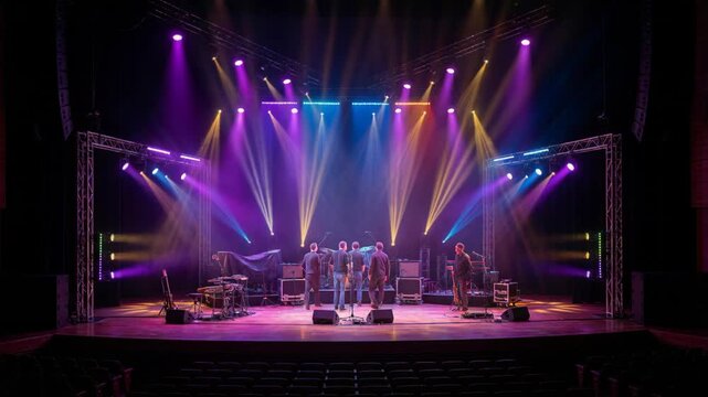 Concert Stage With Vibrant Colorful Beam Lights Illuminating Musical Instruments And Equipment Before Live Performance