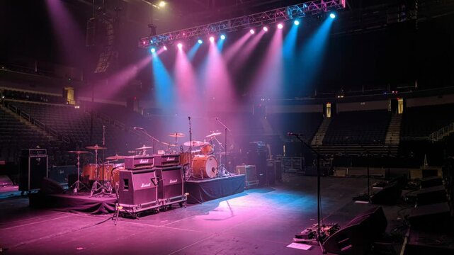 Empty concert stage with drum kit amplifiers and dramatic purple blue lighting beams before a live music performance in a large dark arena