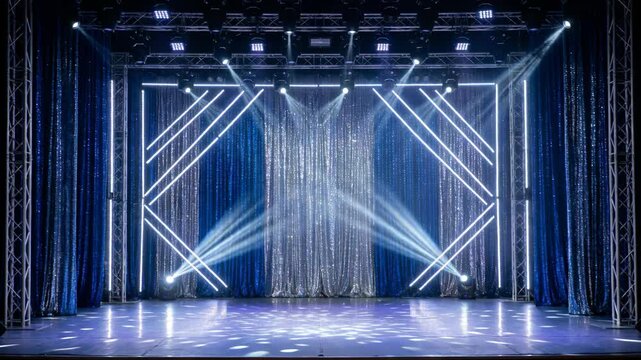 Empty Concert Stage with Shimmering Blue and Silver Sequin Curtains Featuring Geometric White Neon Light Patterns and Moving Spotlight