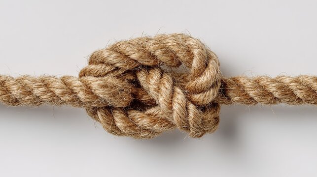 overhand. Single overhand knot made of thick jute rope on white background. lifestyle magazines, social media lookbooks, designed for lifestyle magazines and social media content.