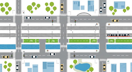 Aerial view of a city street intersection with traffic and buildings.