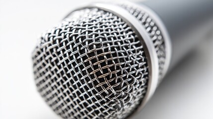 topdown. Close-up of a professional microphone with metallic details, isolated on a blurred white background. product launch decks.
