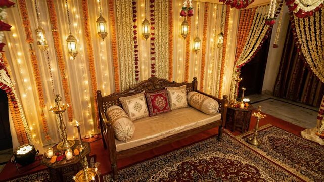 Traditional Indian Wedding Mehndi Stage Decoration With Floral Garlands Hanging Lanterns And Wooden Diwan Sofa Set Under Warm Lighting