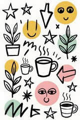 Whimsical Line Art Doodles with Bright Accent Colors. 