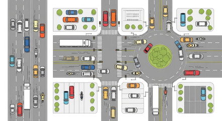 Aerial view of busy city intersection with traffic and roundabout.