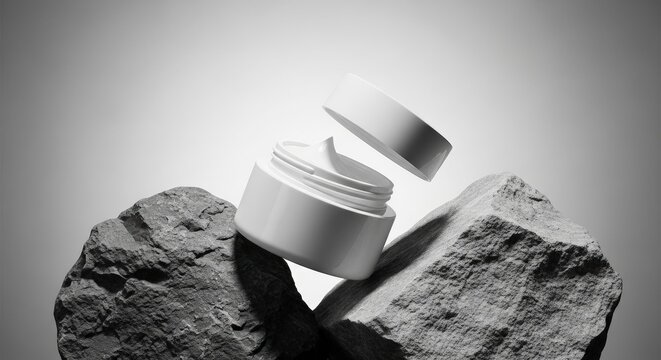 Open Jar of Cream on Rocks with Lid Floating image photo