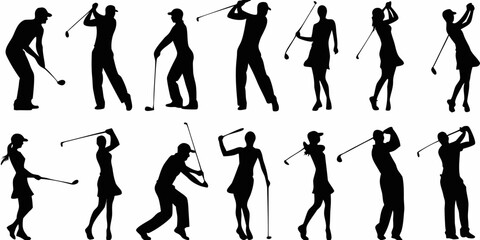 Fototapeta premium Silhouettes of golfers in various swing positions displaying athletic movement
