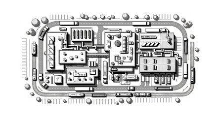 Architectural drawing of a complex industrial facility layout.