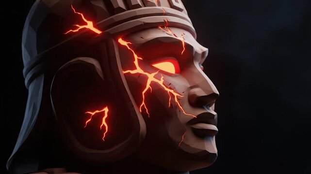 Cinematic Close-up of an Ancient Stone Warrior Statue with Glowing Lava Eyes and Mystical Energy Cracks