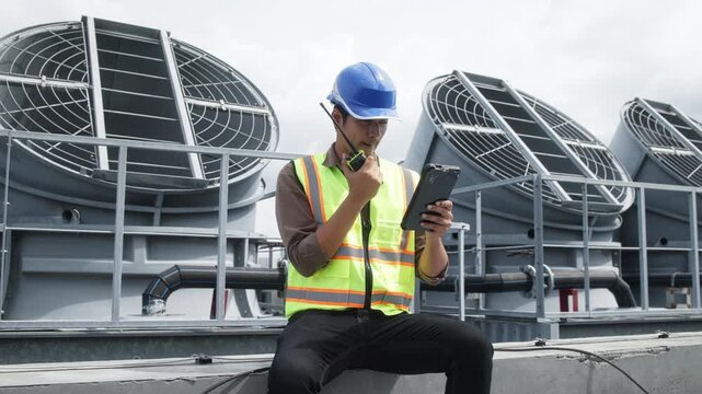 Two construction engineers in safety gear examine industrial HVAC units on rooftop, pointing and discussing project progress and setup.