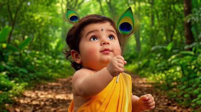 Adorable baby dressed as Lord Krishna with peacock feathers in a vibrant green forest, looking upwards with a curious expression.