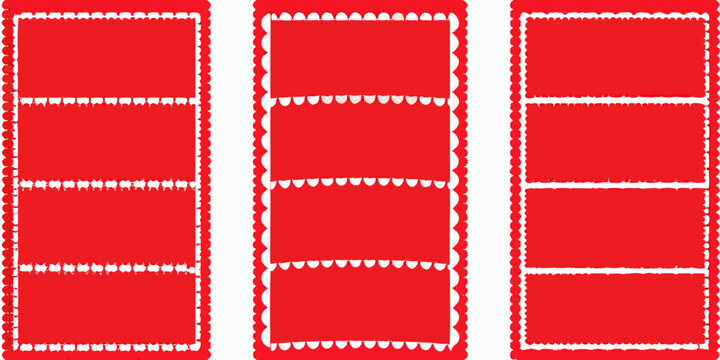 Three red filmstrip frames with white dotted lines isolated on white